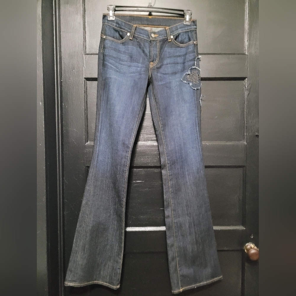 Women's Dark Wash Boot Cut Jeans with Embroidered Accent